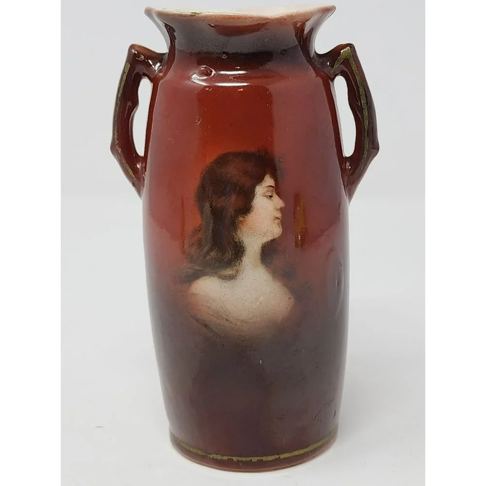 Vintage Vase With Portrait Of Lady Brown Porcelain Side Handles Ruffled Top Edge
